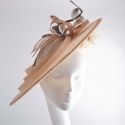 190726 Gold rotex and cream sinamay saucer hat with pheasant feathers and d